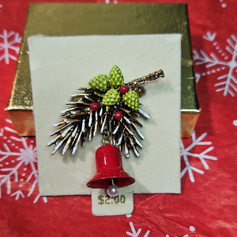 ART Vintage NWT Festive Pinecone & Red Bell Brooch